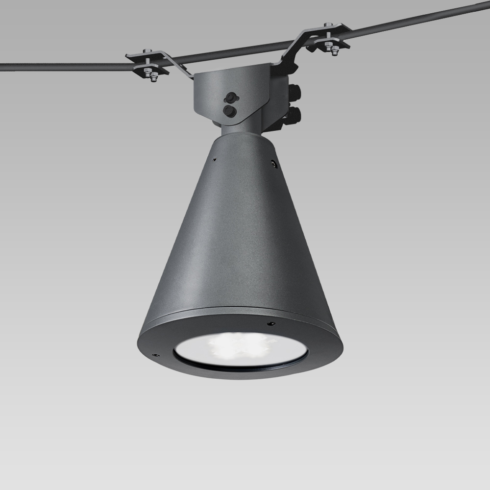 Suspended luminaires Catenary urban lighting luminaire with a classical conical shape design