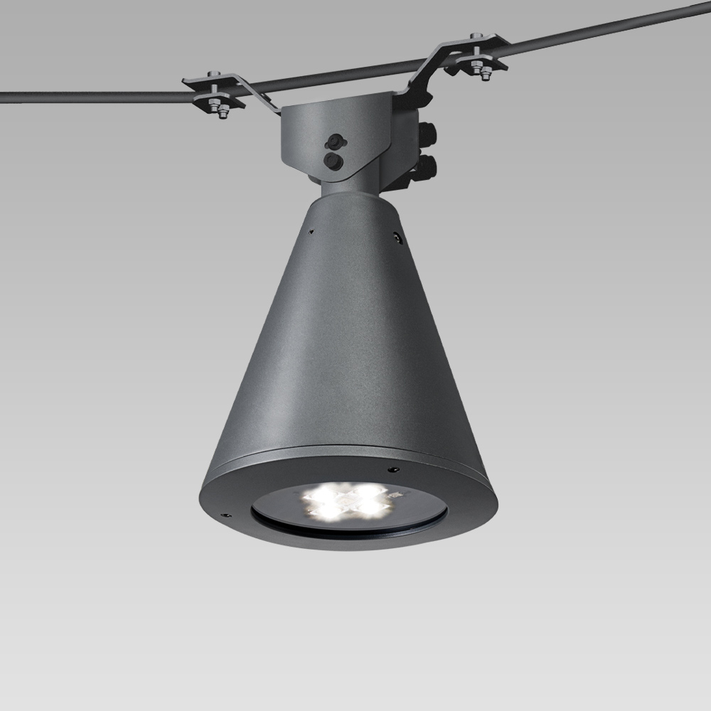 Urban lighting catenary luminaire with a classic conical-shape design