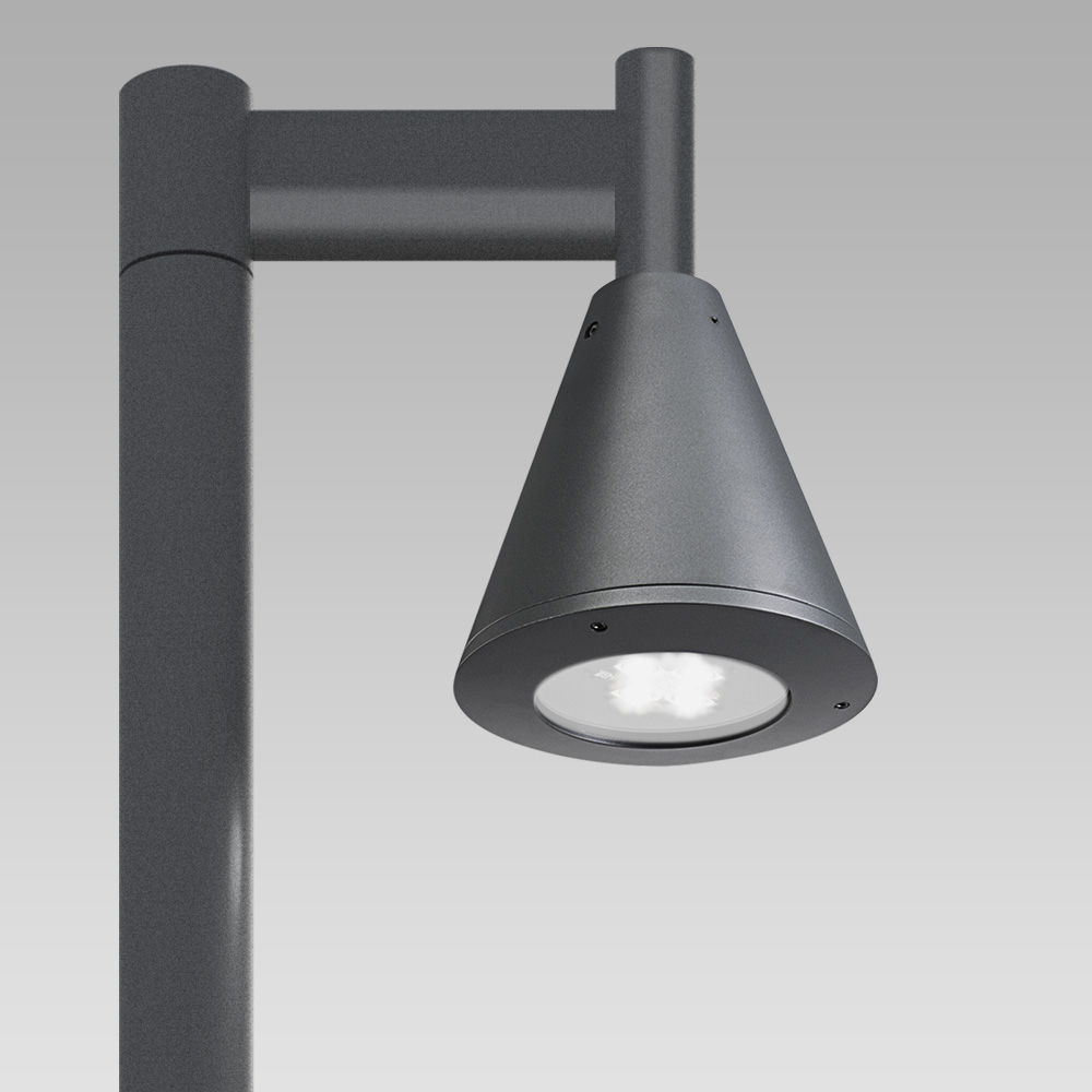 Urban lighting luminaire with conical design, available for wall or pole installation, or in catenary version