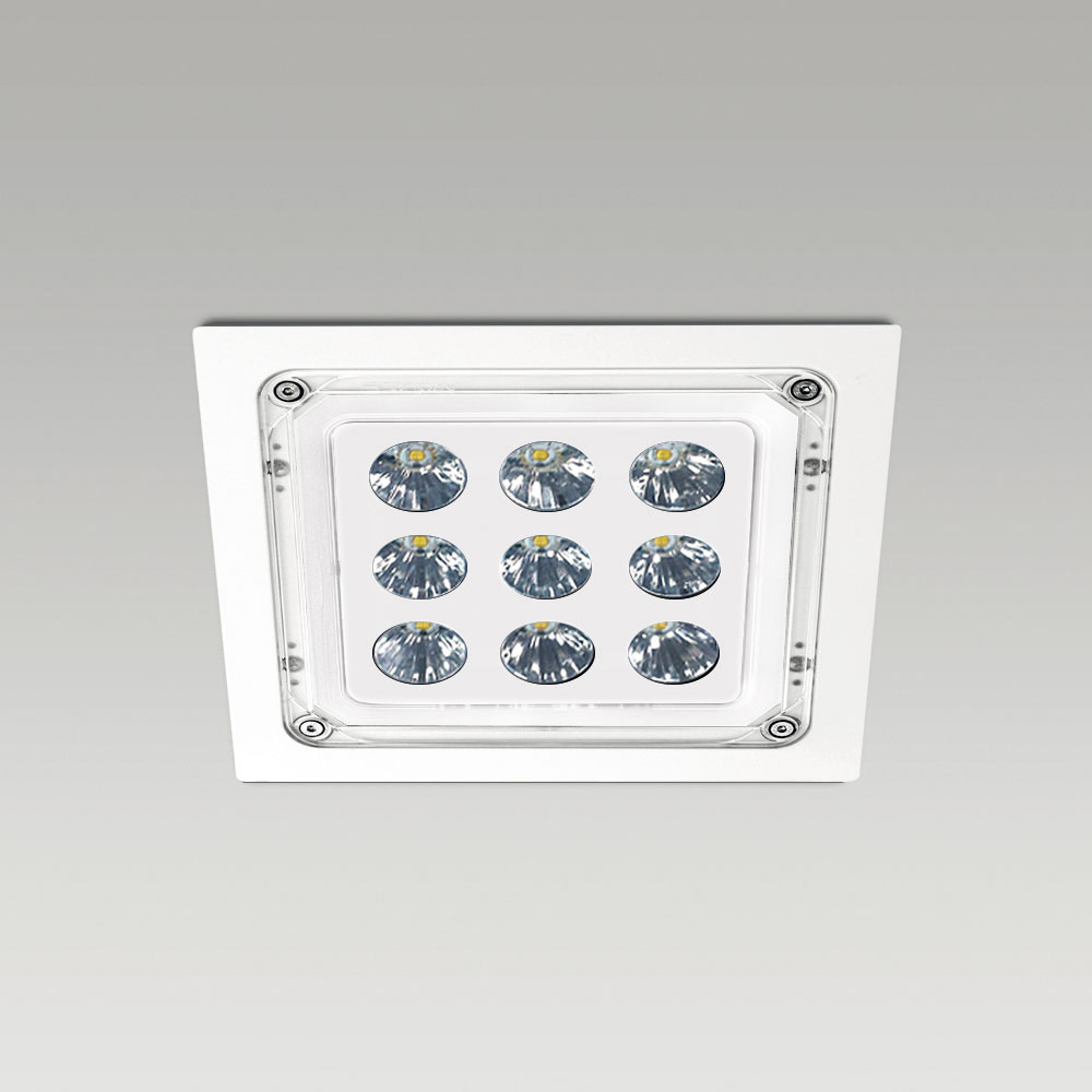 High protection degree recessed luminaires Ceiling recessed downlight for outdoor lighting with squared design