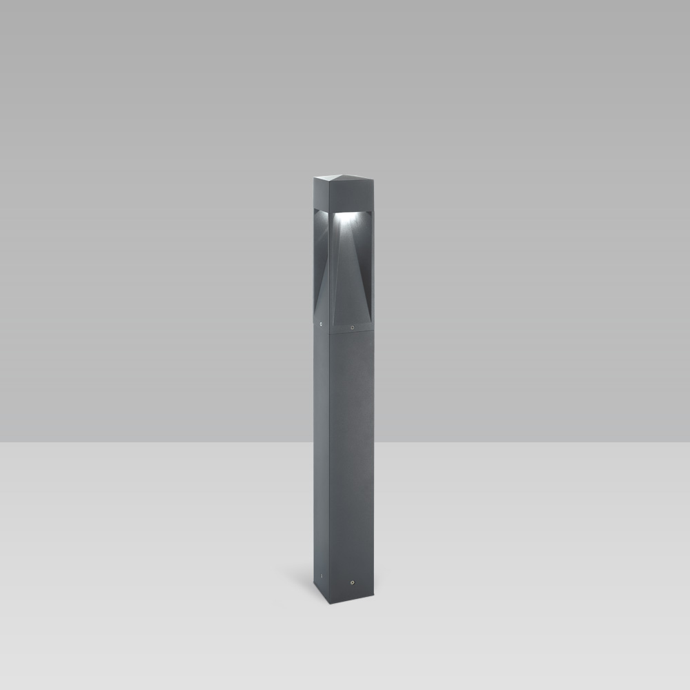 Bollard light for outdoor lighting featuring a unique, gothic design, with two-way, three-way or radial optic and maximum visual comfort